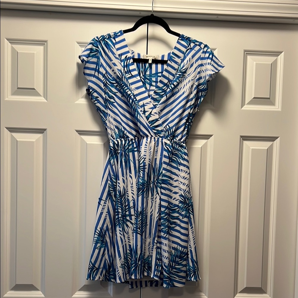 Blue and White Striped Dress with Leaf Pattern